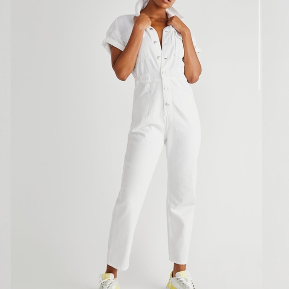 Free People 80s Style White Marci Utility Coveralls Denim Jean Jumpsuit - Picture 3 of 16